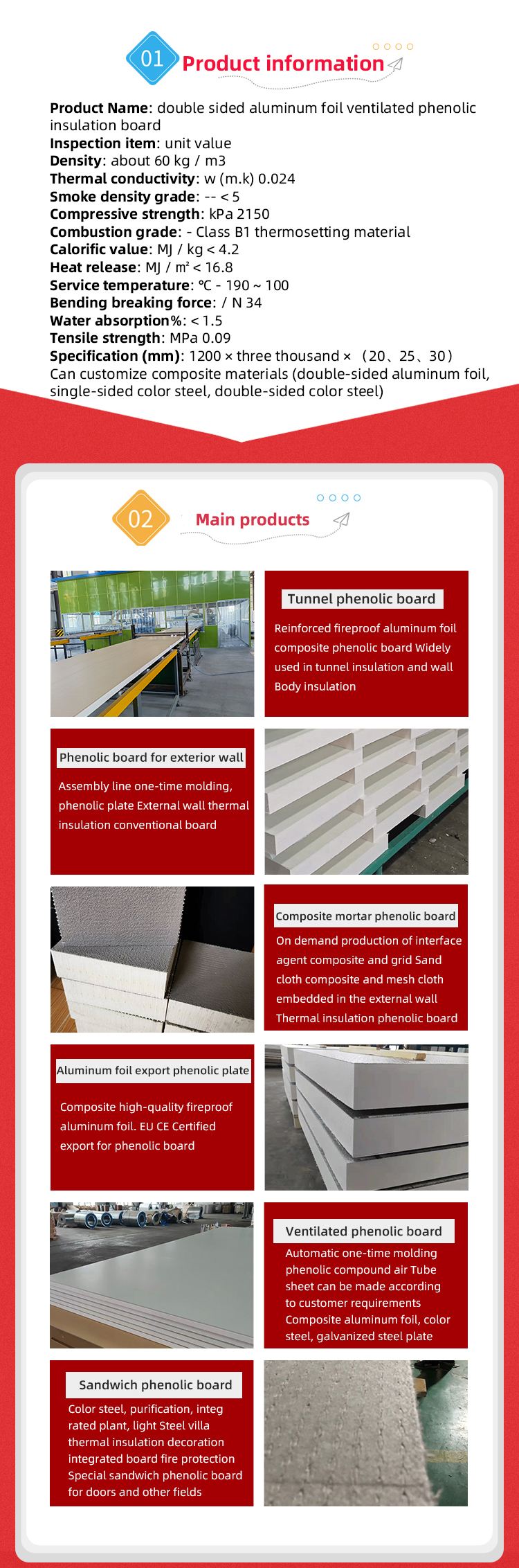 Phenolic Air Duct Panel Insulation Fireproof Material Close Cell Foam Aluminum Foil Phenolic Duct Panel