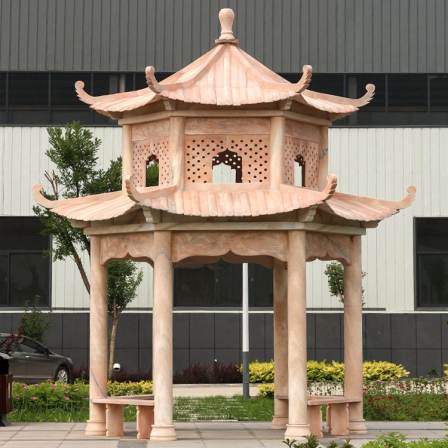 Chinese style hexagonal stone pavilion, sunset, red stone, granite corridor, courtyard garden decorations