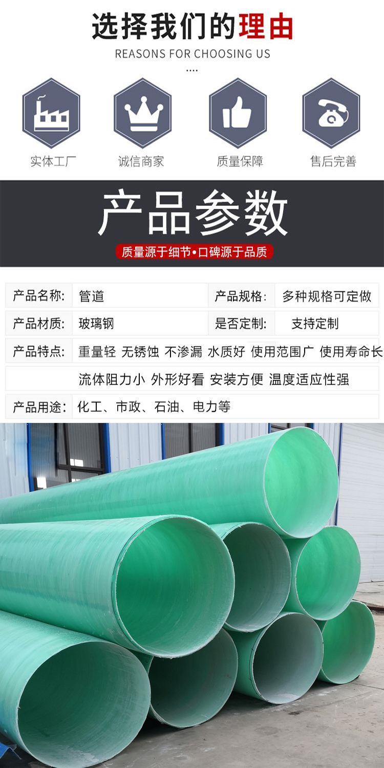 Fiberglass water supply and drainage pipeline, municipal rainwater and sewage discharge diameter 500-4200mm,