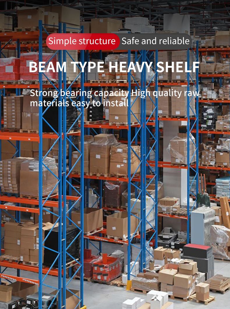 Heavy duty shelves with high level three dimensional storage for more flexible horizontal forklift beam type shelves