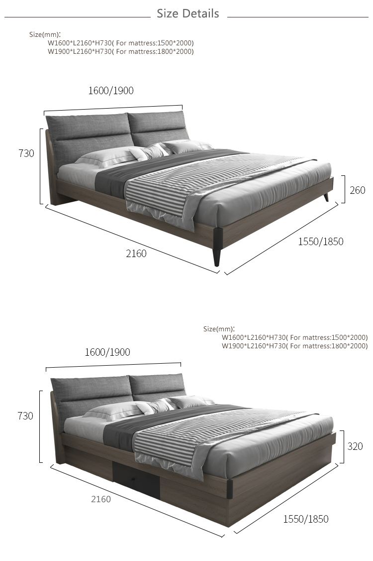 Modern Grey King Size Bed Wooden Queen Bed Frame With Cushion Headboard
