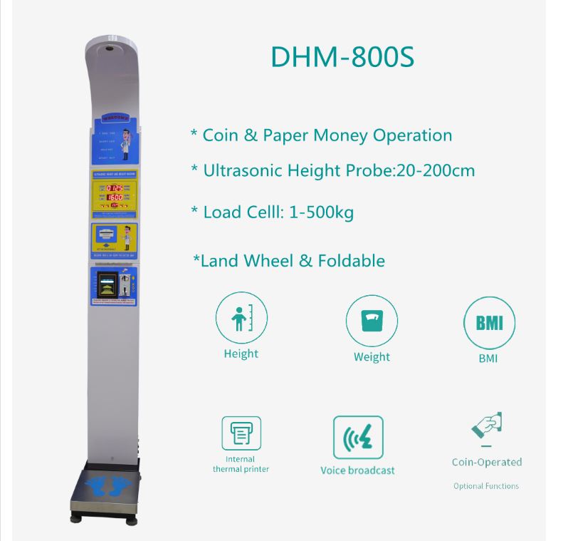 BMI analysis coin operated weighing human scale with height measurement for adult with printer from manufacturer