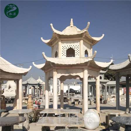 Blue stone antique stone carving pavilion granite Chinese style hexagonal sunset red double layer stone pavilion sesame white stone railing processing