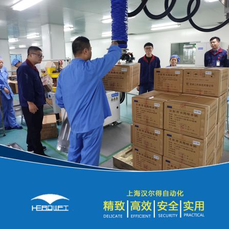 Pharmaceutical company's clean workshop paper box handling and palletizing vacuum suction cup lifting tool assisted robotic arm