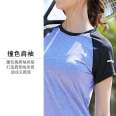 Yoga suit women's breathable elastic running fitness T-shirt slimming contrast color patchwork casual sports short sleeved top