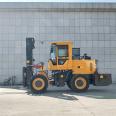 Integrated rear steering off-road forklift operation video for construction sites using loadable four-wheel drive hydraulic forklifts