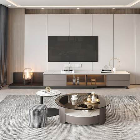 Customization of Furniture for Modern Simple Apartment Hotel Model Room in Bodson Rock Plate Tea Table, Retractable TV Cabinet