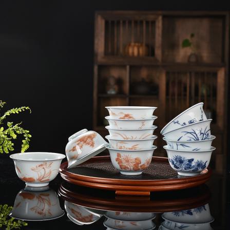 Underglaze color hand-painted kung fu retro tea cups, blue and white ceramic tea cups, household tea sets, tea bowls, owner's single cup wholesale