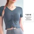 Nude yoga suit for women with detachable chest pad temperament V-neck ruffled edge slimming elastic shock resistant fitness top
