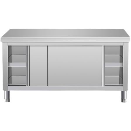 Bowl basket, commercial kitchen, stainless steel workbench, kitchen operation panel, storage cabinet with sliding door, vegetable cutting, packaging, and loading table
