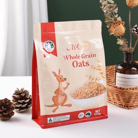 Oat cereal food self-supporting bag with eight side sealing, color printing, zipper bag, leisure snack plastic packaging bag