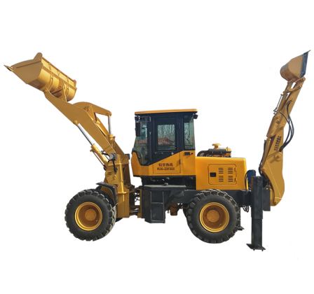 One machine with multiple uses and two busy agricultural small wheeled excavators, front excavation and rear shovel loader