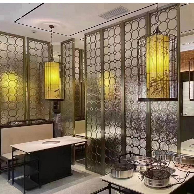 Chinese style stainless steel screen, hotel tea house decoration, partition wall panel, lattice, titanium gold carving, 304 material