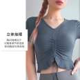 Nude yoga suit for women with detachable chest pad temperament V-neck ruffled edge slimming elastic shock resistant fitness top