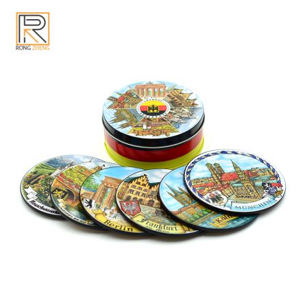 Manufacturer's supply of tinplate coasters, iron box sets, round cork coasters, 4 sets, 6 sets