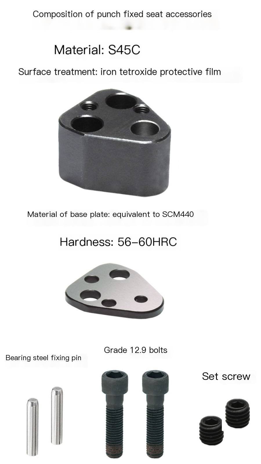 Fixed block components for machining standard cutting edges with punch fixed seats