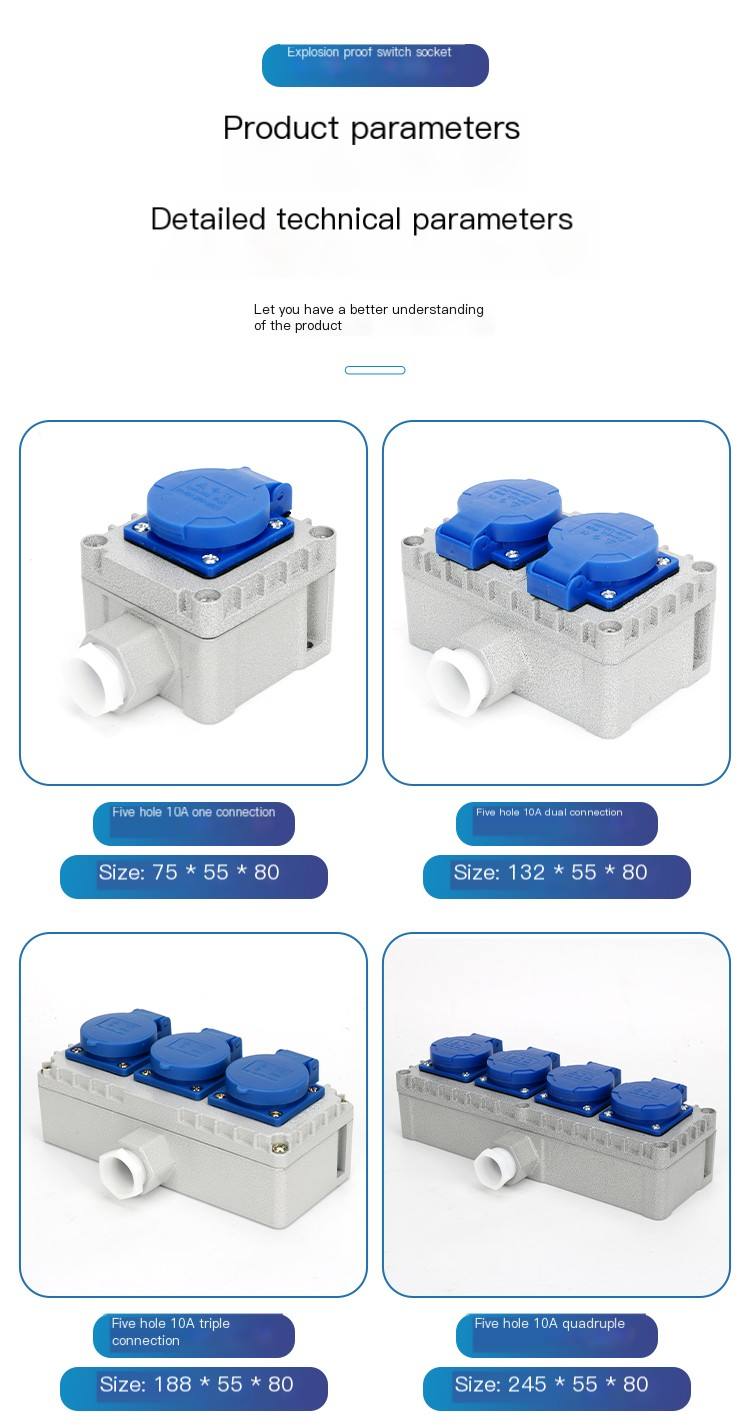 Explosion-proof socket type 86, explosion-proof single, double, triple, row, five hole socket 220V, waterproof and dustproof, 10A, surface mounted