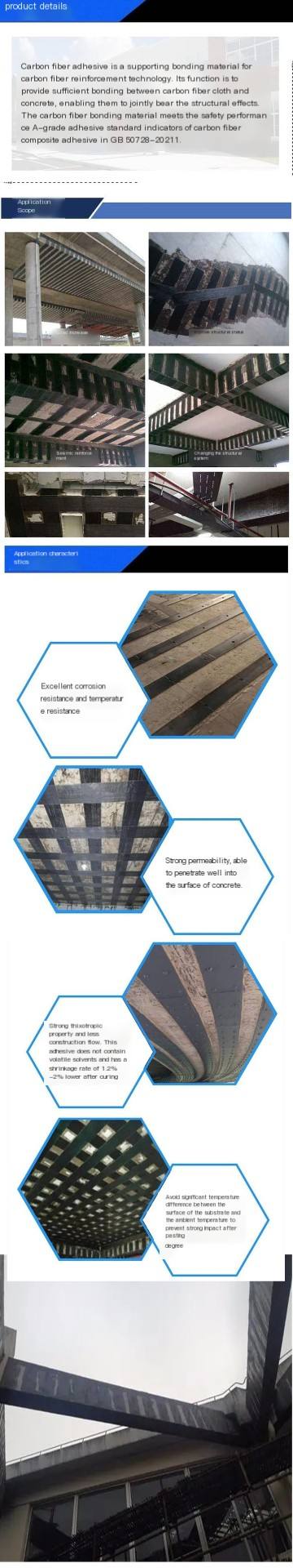 Cracked structural reinforcement of poured columns with carbon fiber bonding adhesive wrapped in carbon cloth adhesive