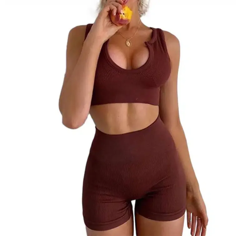 Seamless yoga suit woman suit Solid color U collar square collar short sleeve shorts tight fitness suit