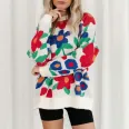 Large flower embroidered round neck loose long sleeve knit sweater pullover for women