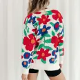 Large flower embroidered round neck loose long sleeve knit sweater pullover for women