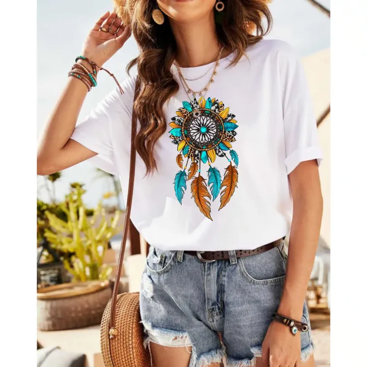 Colorful sunflower wind chimes pattern loose pullover trend cotton short sleeve T-shirt