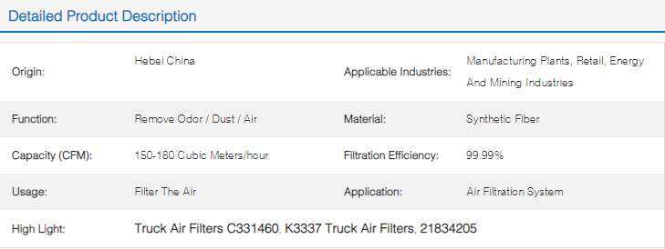 21834205 C331460 Truck Air Filters For K3337 FH420 ISO certified