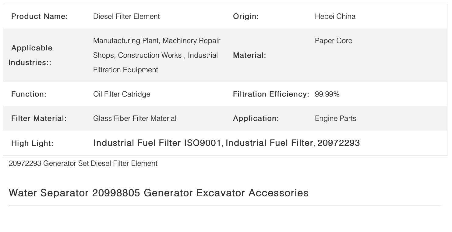 ISO9001 Certified Industrial Fuel Filter 20972293 For Generator Set