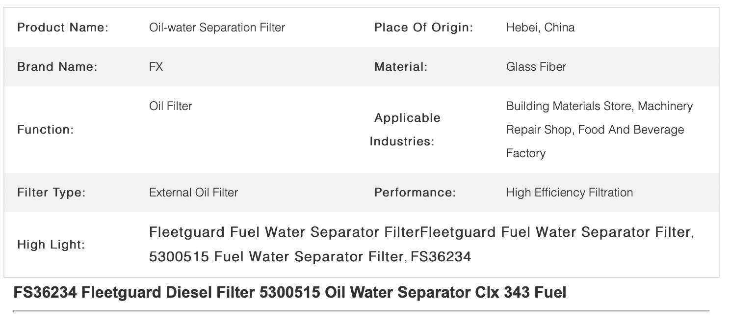 FS36234 Fleetguard Fuel Water Separator Filter 5300515 Clx 343