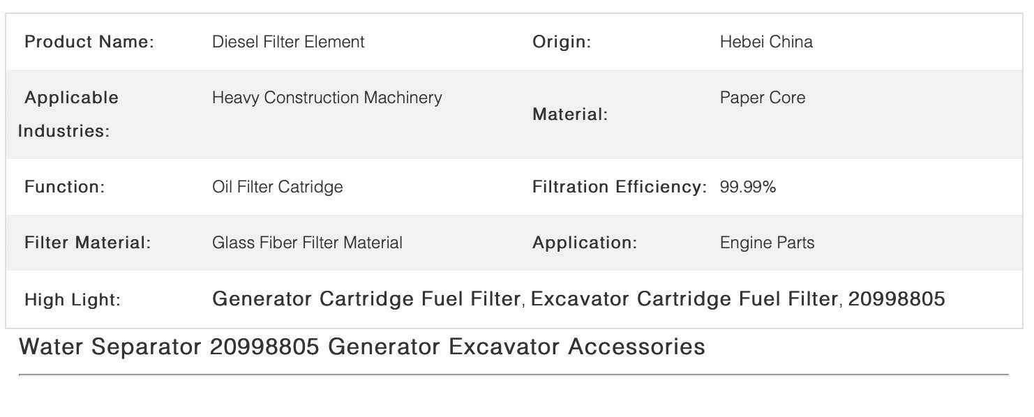 20998805 Cartridge Fuel Filter for Excavator Generator