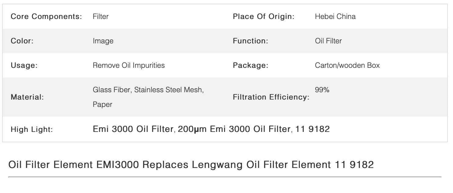 11 9182 Emi 3000 Oil Filter Replaces 200uM Precision Glass Fiber Material