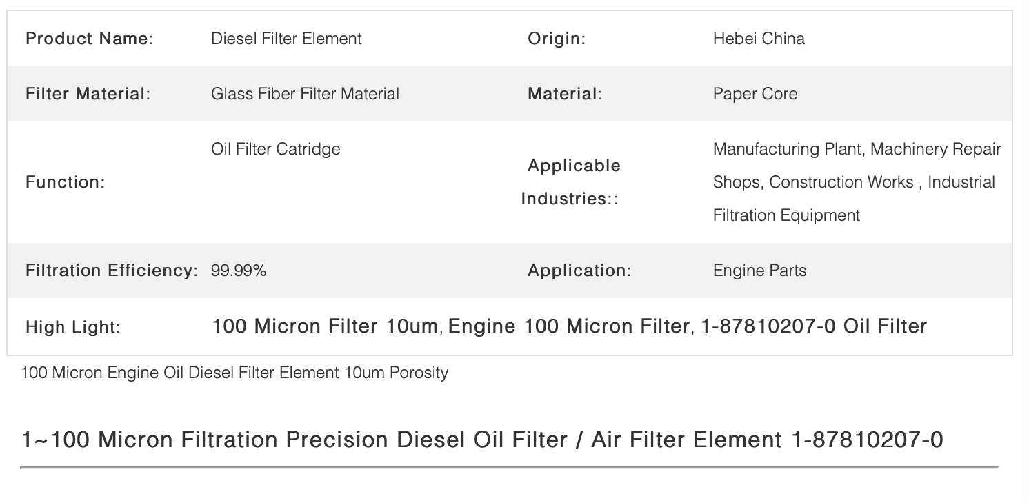 10um Porosity 100 Micron Filter , Engine Oil Filter 1-87810207-0