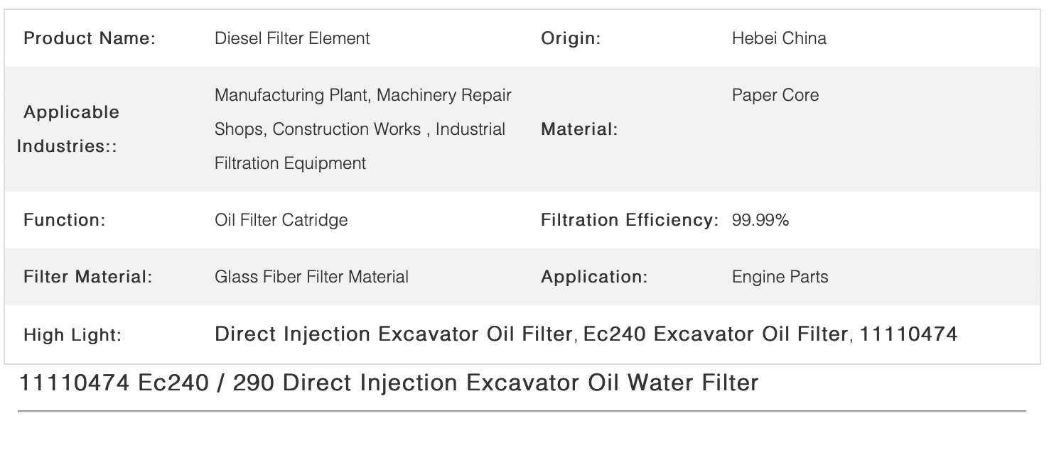 Direct Injection Excavator Oil Filter 11110474 For Ec240 290