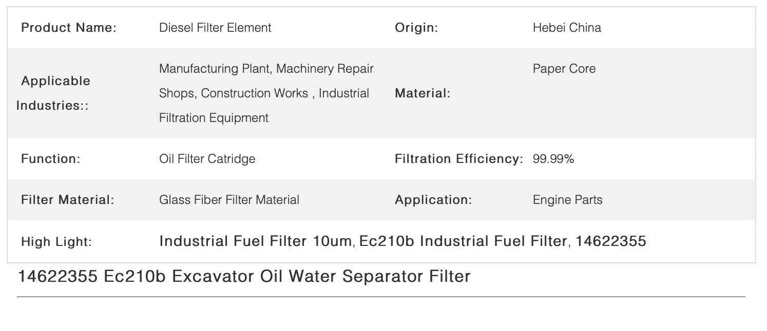 14622355 Industrial Fuel Filter For Ec210b Excavator 10um Precision