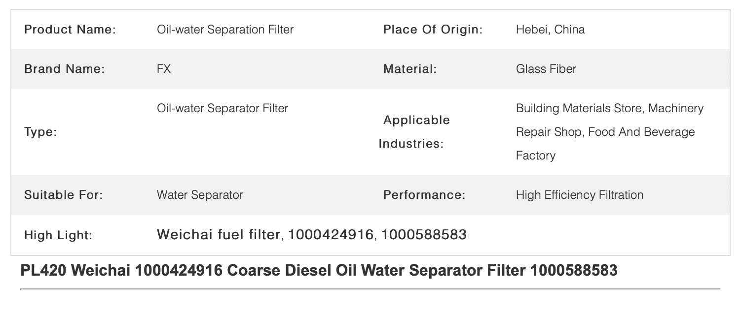 Oil Water Separator Weichai Fuel Filter 1000424916 1000588583