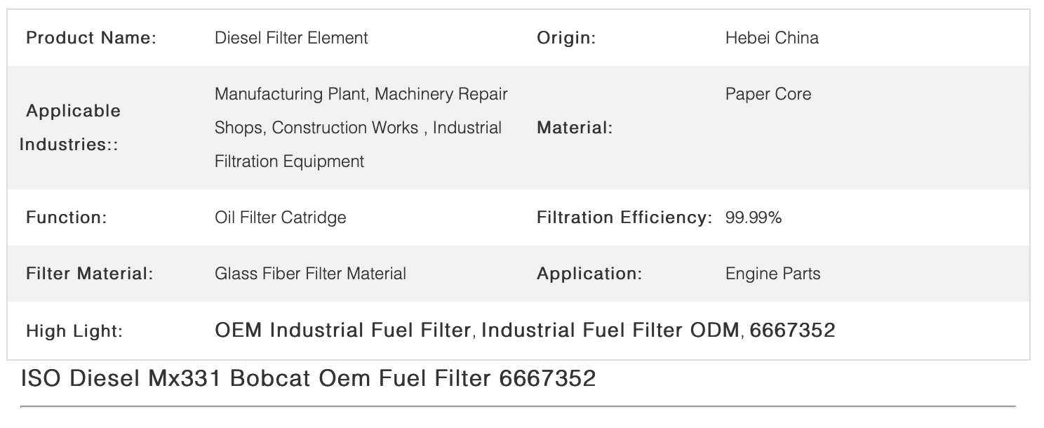 ISO Certificate Industrial Fuel Filter 6667352 OEM ODM For Filtration Equipment