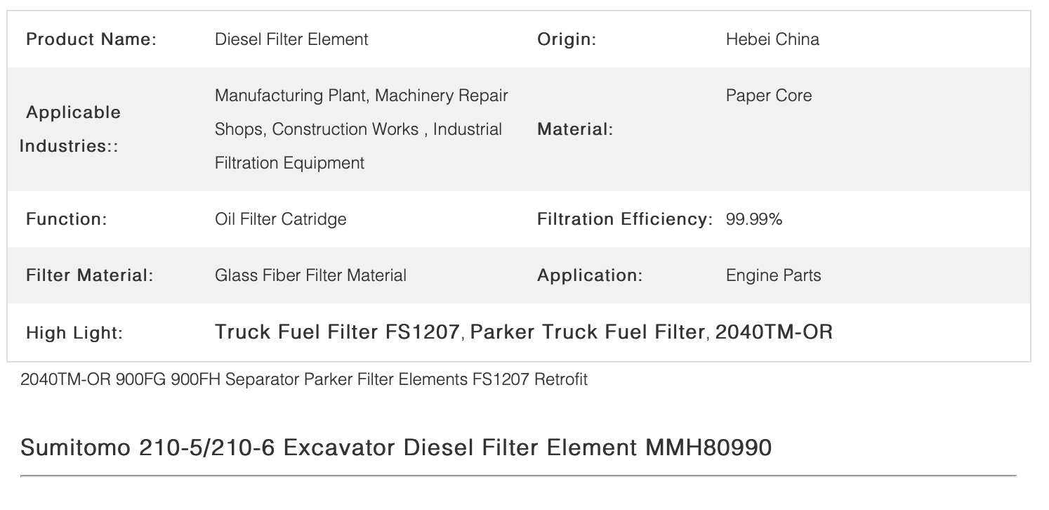 2040TM-OR Truck Fuel Filter , Parker Filter Elements FS1207