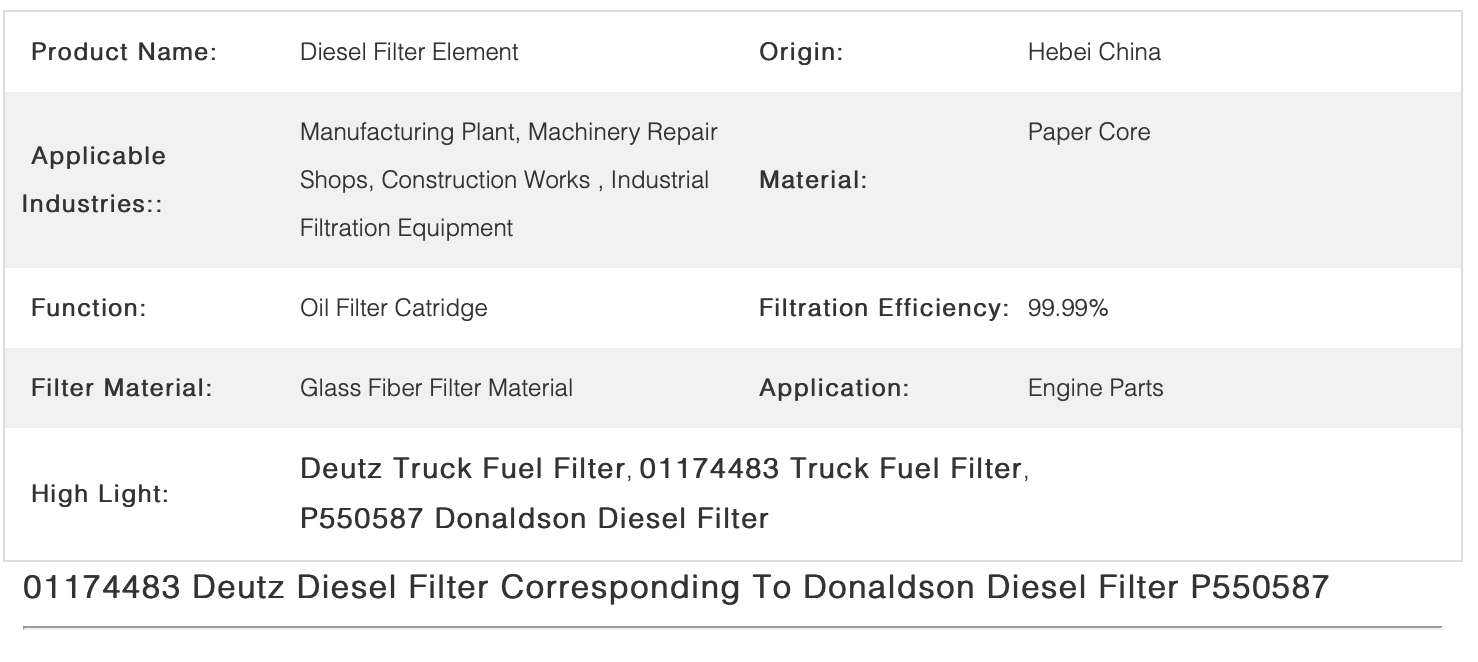 01174483 Deutz Truck Fuel Filter , Donaldson Diesel Filter P550587
