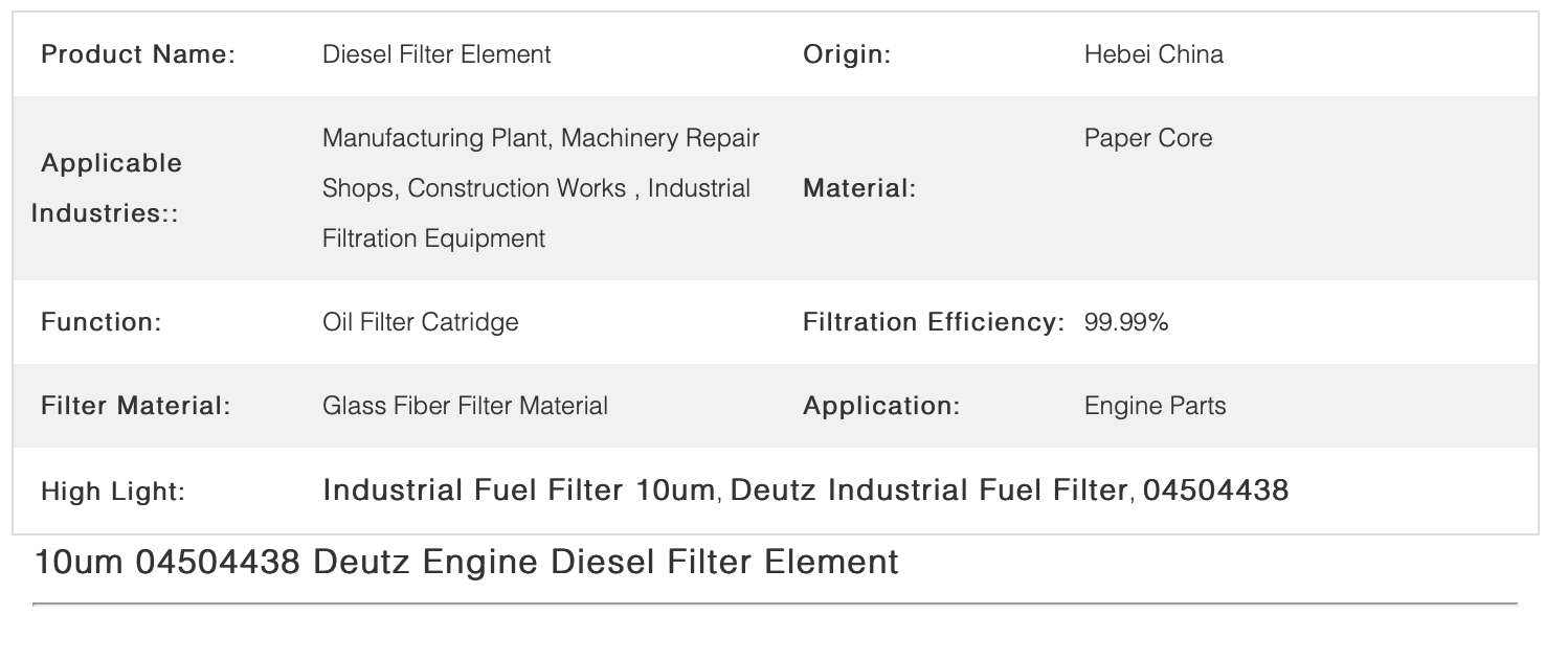 10um Diesel Industrial Fuel Filter 04504438 For Deutz Engine