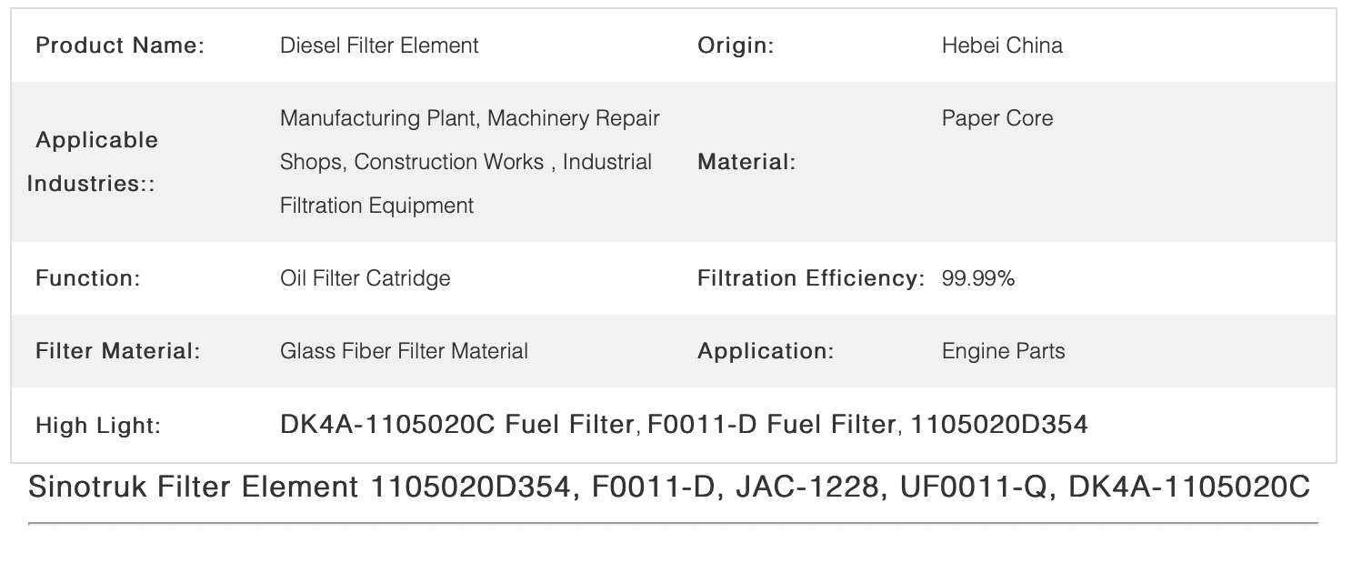 Sinotruk Diesel Fuel Filter Elements 1105020D354 F0011-D DK4A-1105020C