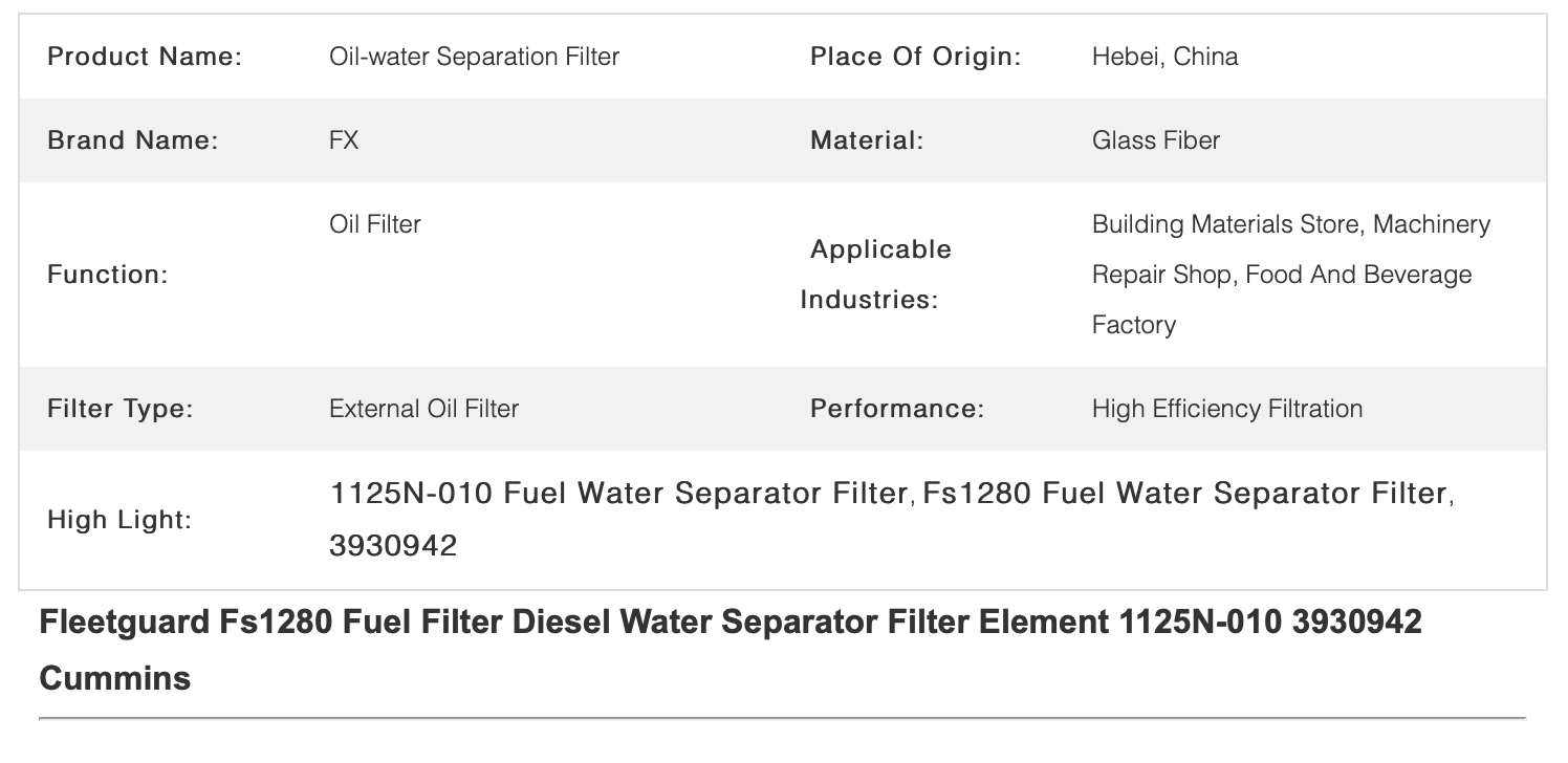 1125N-010 3930942 Fuel Water Separator Filter Element Fs1280
