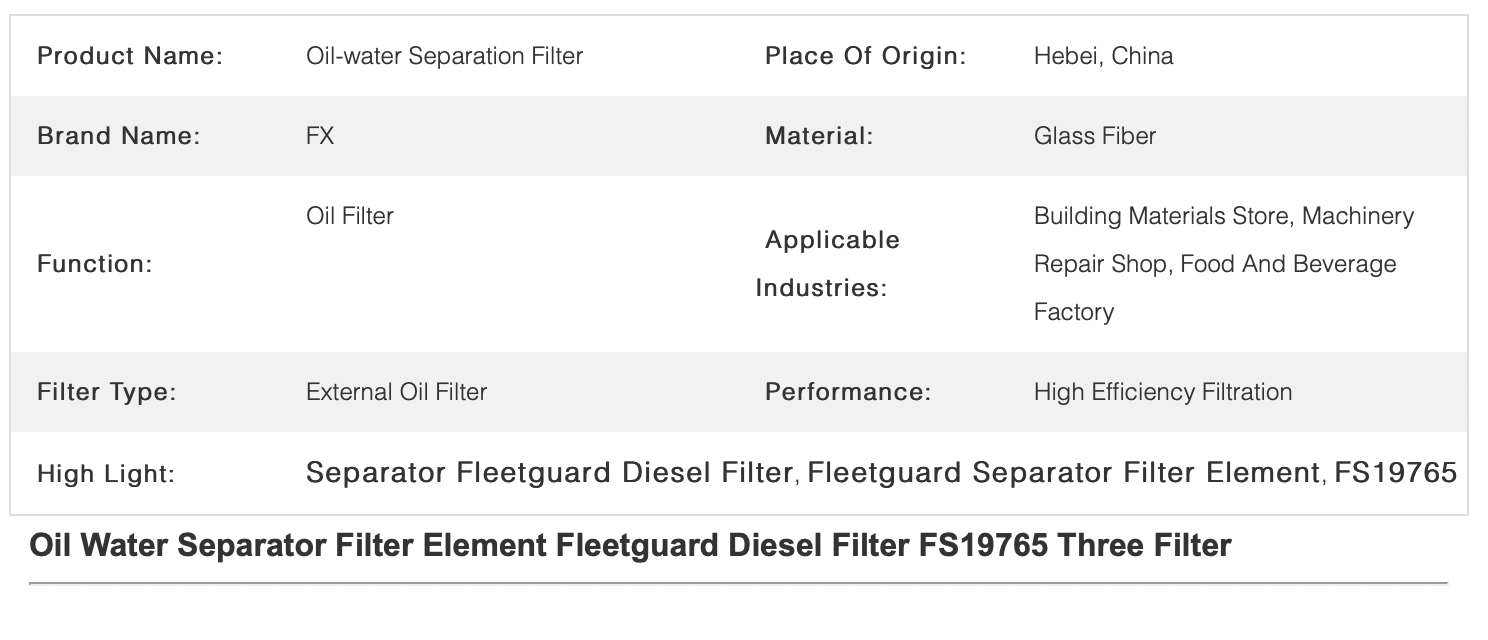 Glass Fiber Fleetguard Diesel Filter , Separator Filter Element FS19765