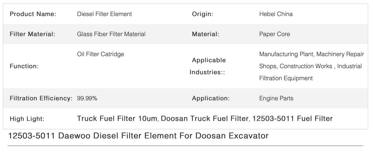 12503-5011 Truck Fuel Filter 10um Porosity For Doosan Excavator