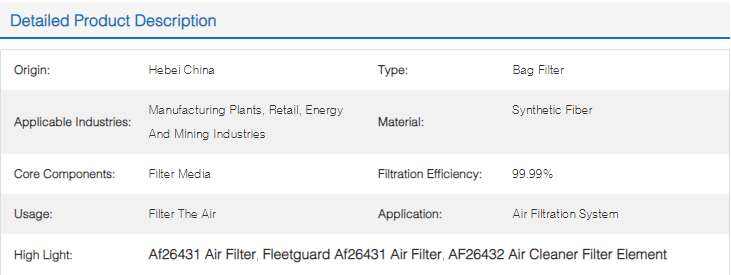 Dongfeng Fleetguard Af26431 Air Filter , AF26432 Air Cleaner Filter Element