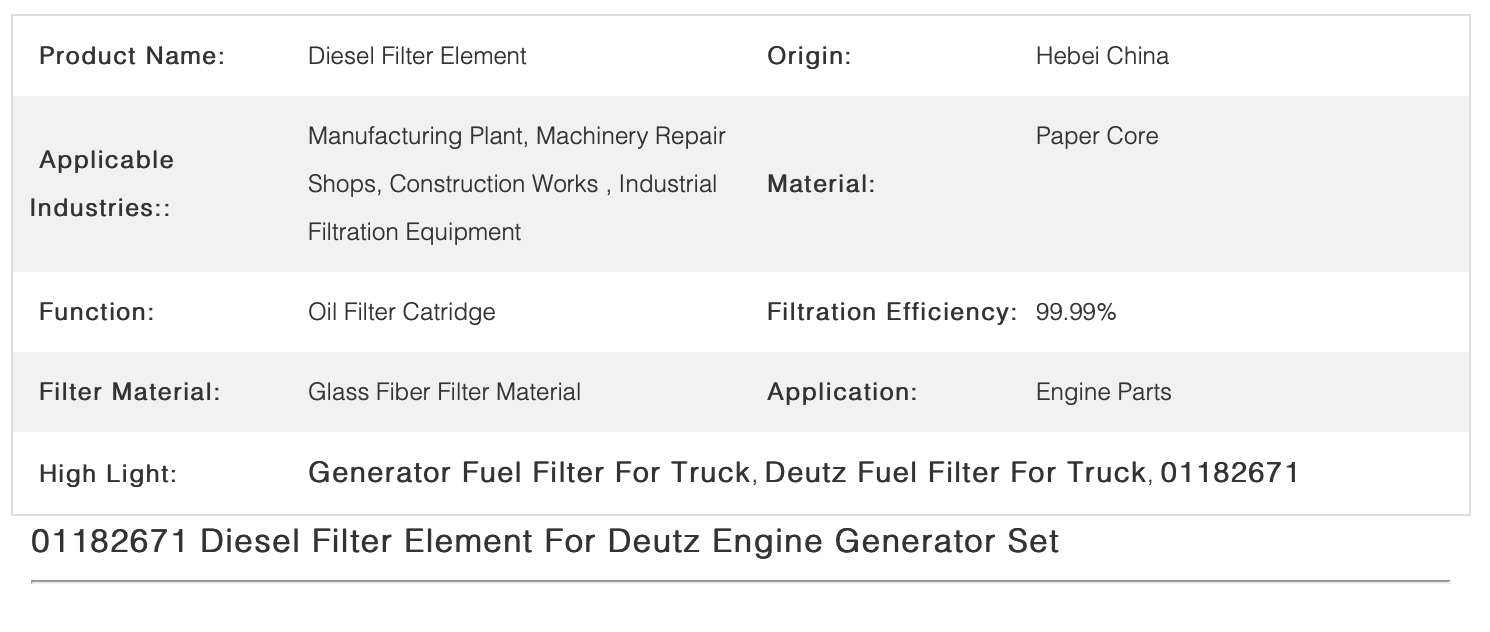 01182671 Fuel Filter For Truck For Deutz Engine Generator Set