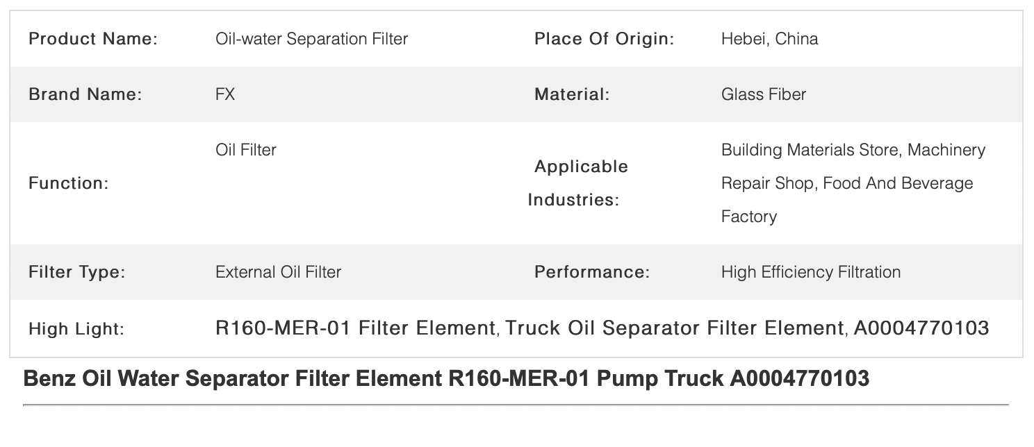 R160-MER-01 Oil Separator Filter Element A0004770103 for Pump Truck