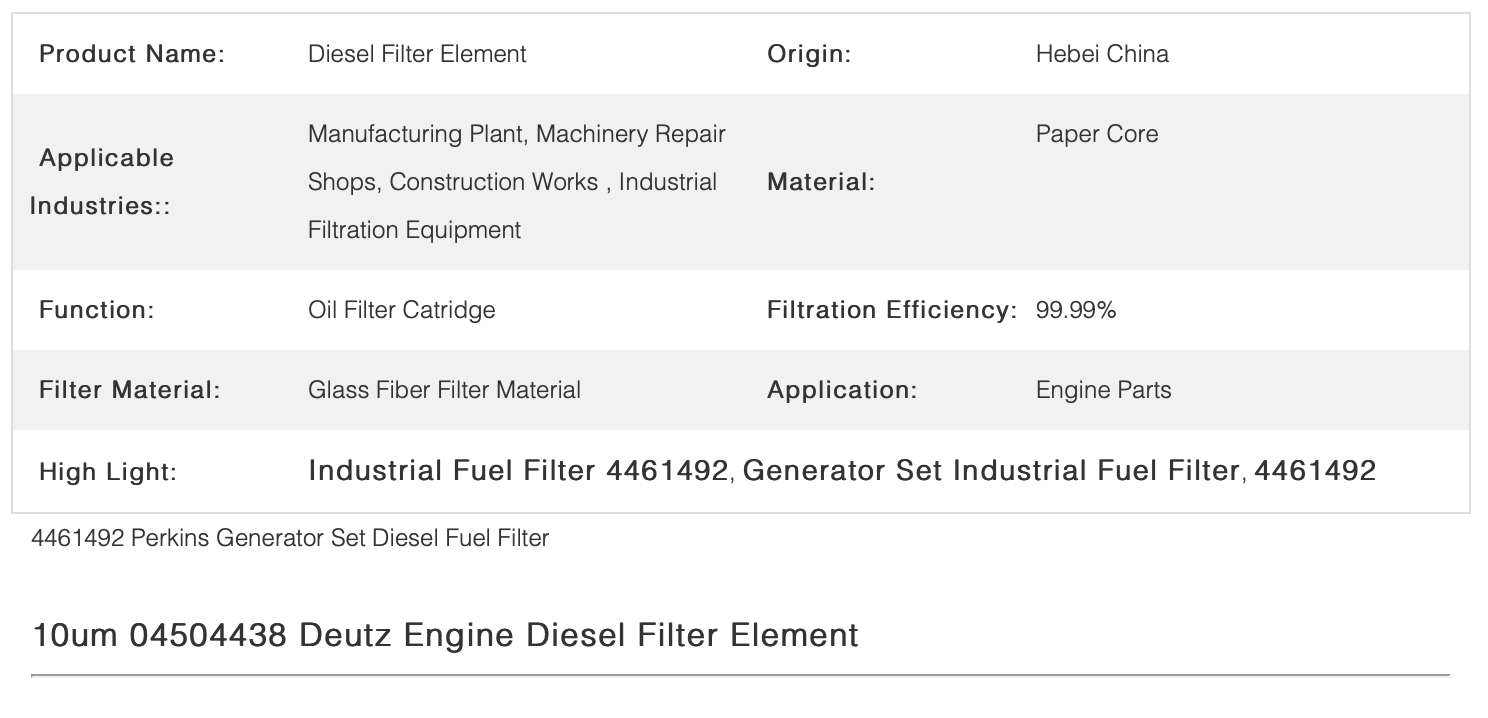 Diesel Industrial Fuel Filter 4461492 For Perkins Generator Set