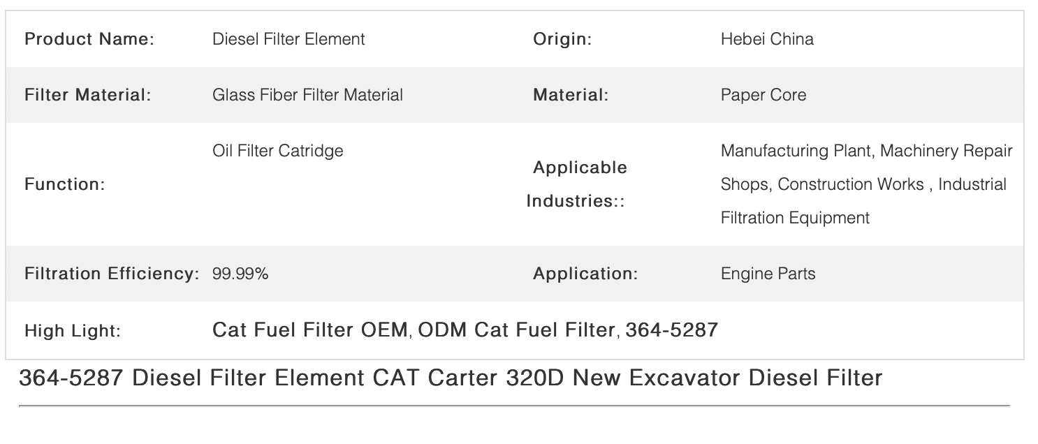 364-5287 Cat Fuel Filter Diesel OEM ODM for Excavator 10um Porosity