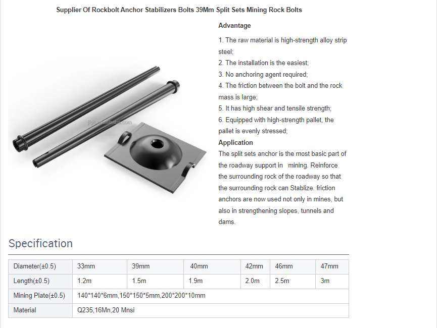 Bolt Anchoring Mining Rock bolts/ Split Set Support Underground Mine Roofing Roof Mf-47 Friction Rock Anchor bolt