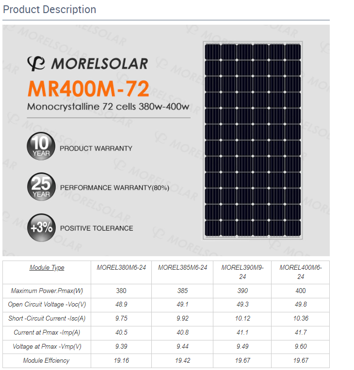 Morel monocrystalline Solar Panel 350W 360W 370W 375W 380W 390W 400W Mono 5BB PV Solar Panel Price